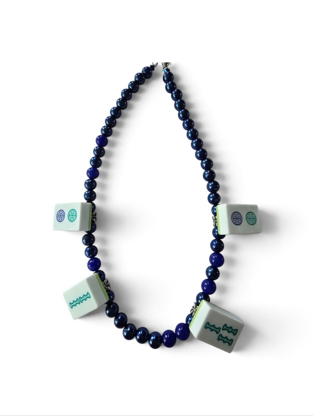 MAHJONG LOVERS DESIGNER BEADED COBALT BLUE  TILE  ADJUSTABLE LENGTH.NECKLACE